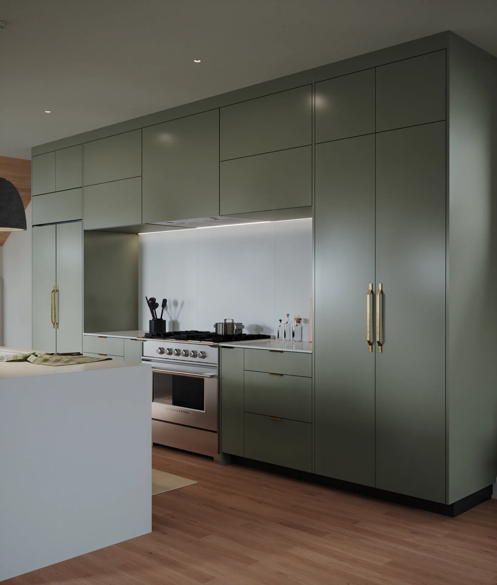 Visualization of a muted green kitchen cabinet wall