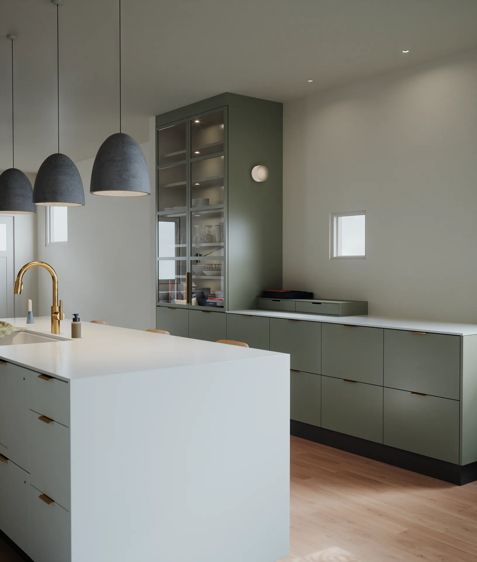 Visualization of 2nd Avenue kitchen viewed across the island