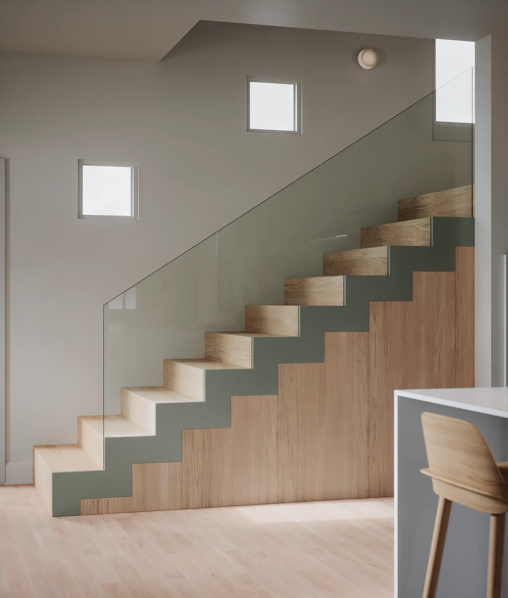 Cabinetry visualization following the geometry of a stair