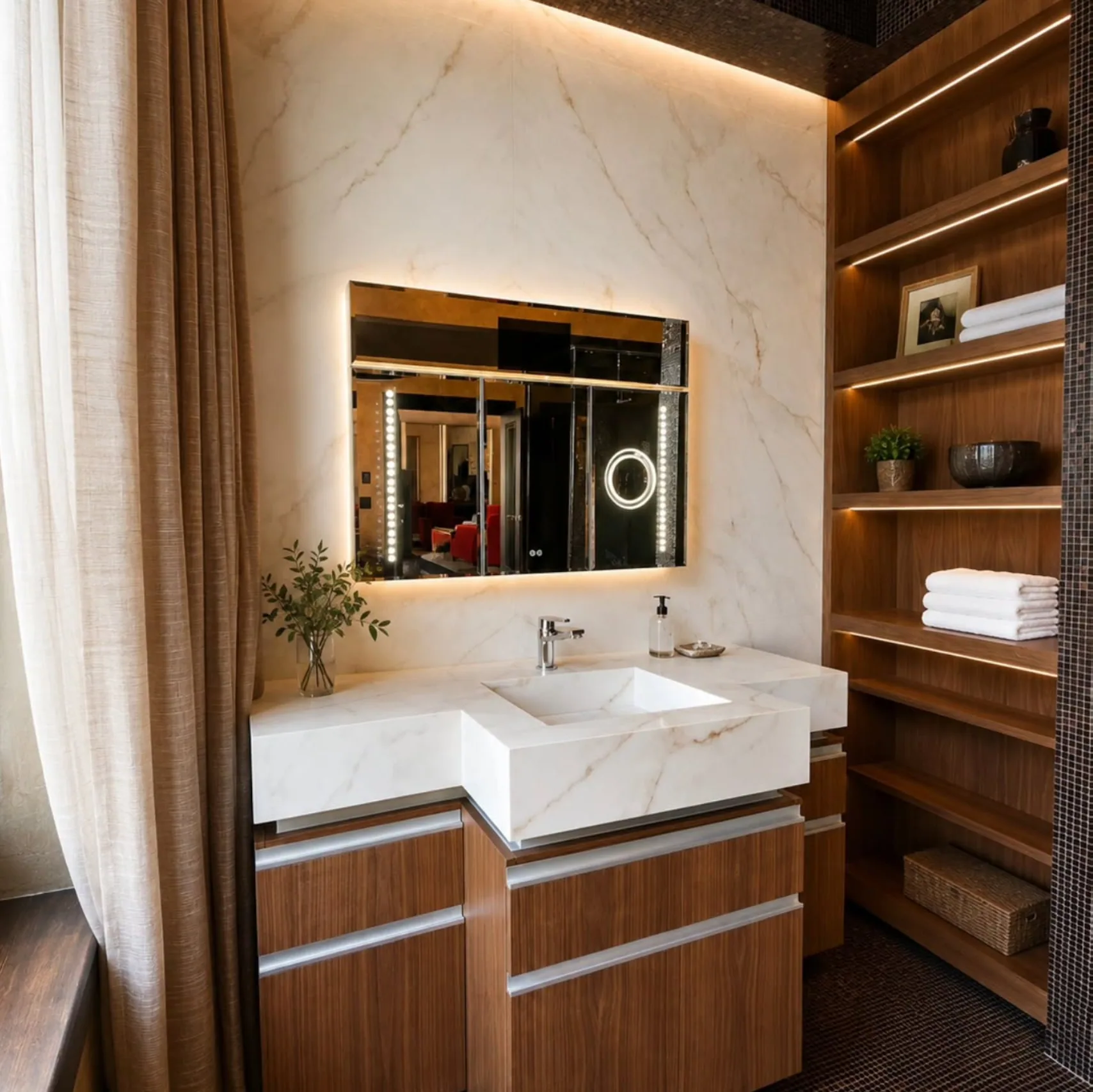 Agresti Vanity with wood cabinet fronts, long metal pulls, a pale veined basin, and illuminated shelving