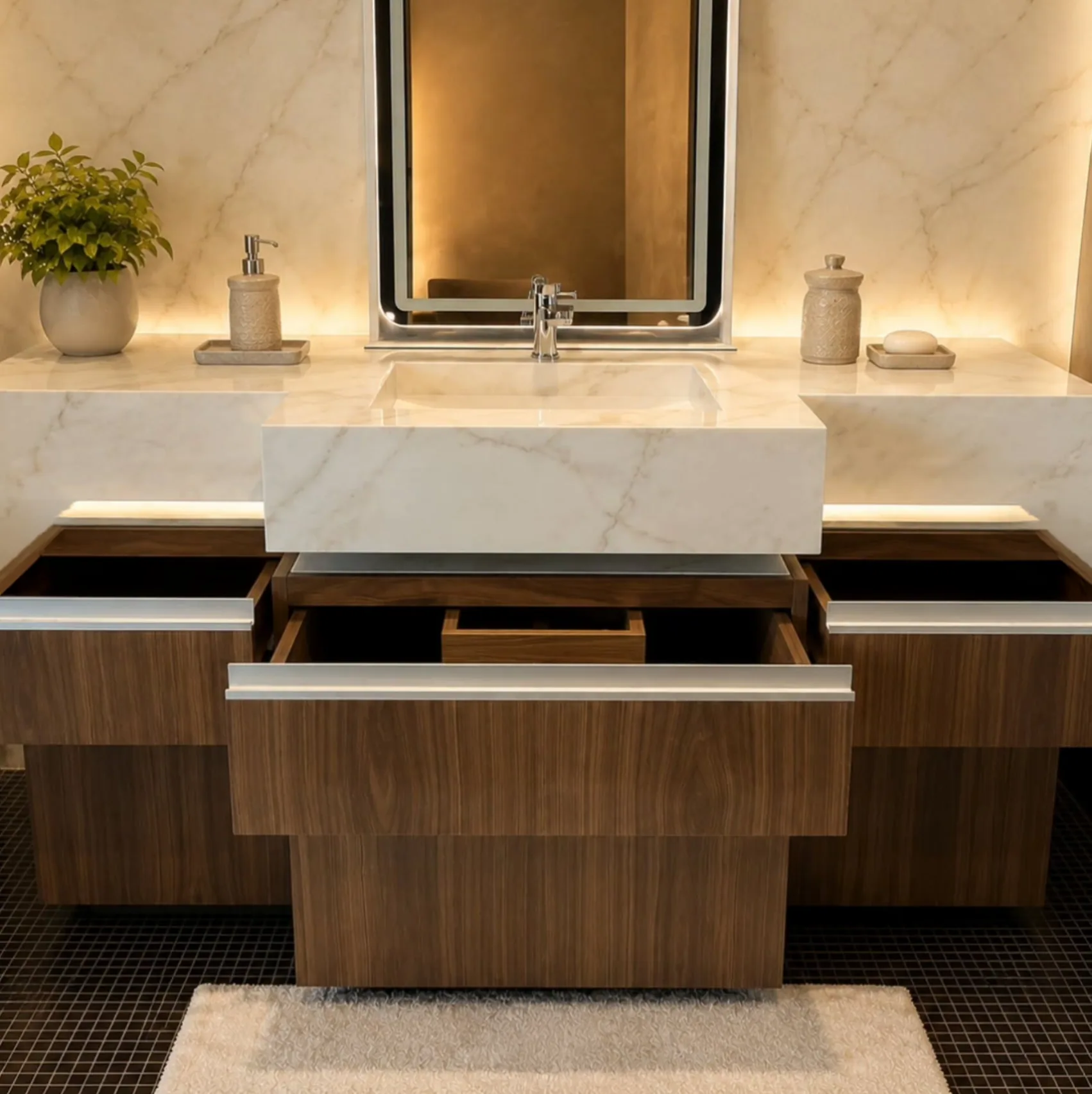 Agresti Vanity viewed from the front with three upper drawers open beneath the basin