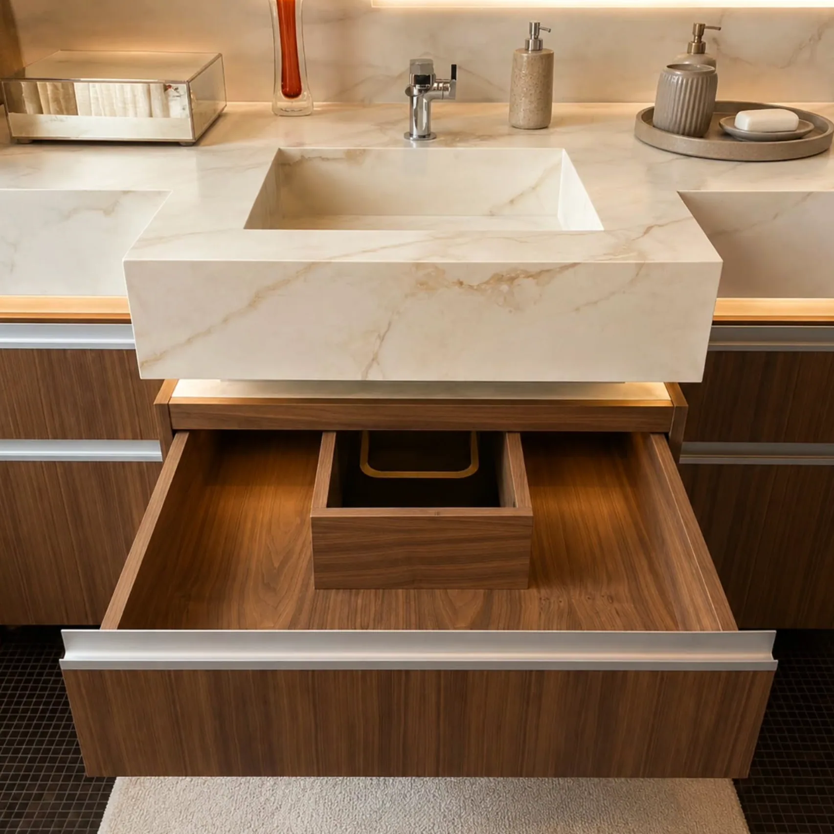 Open fitted wood drawer beneath the Agresti Vanity basin